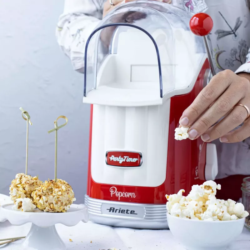 Ariete 2958 Pop Corn Maker Party Time, Máquina de pipocas com alavanca, 1100 Watt, capacidade 600 g, preparação sem gordura com ar quente, vermelho