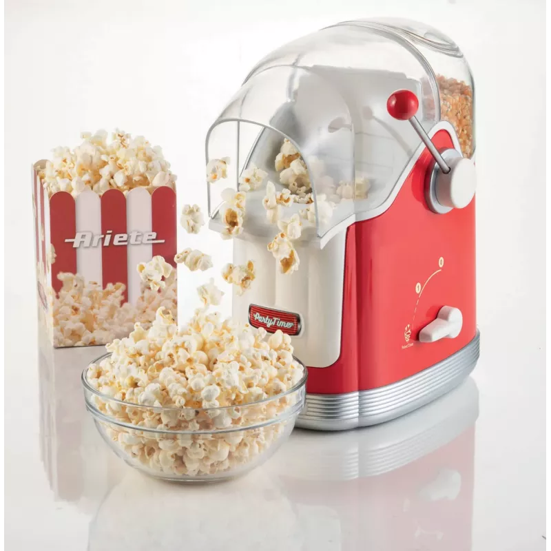 Ariete 2958 Pop Corn Maker Party Time, Máquina de pipocas com alavanca, 1100 Watt, capacidade 600 g, preparação sem gordura com ar quente, vermelho