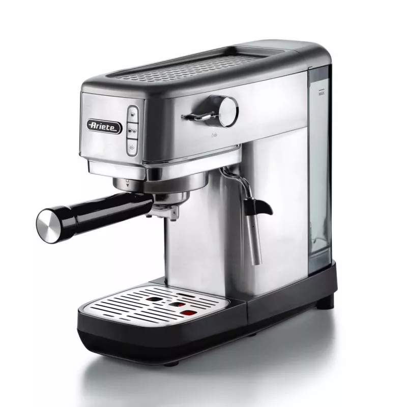 Ariete 1380 Metal Máquina de café, adequada para café moído e pastilhas ESE, 1300 W, capacidade do depósito 1,1 l, pressão de 15 bar, filtro para ½ chávena, Cappuccinatore, prateado