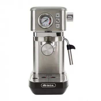 Ariete 1381 Máquina de café com manómetro, adequada para café moído e pastilhas ESE, 1300 W, capacidade 1,1 l, pressão de 15 bar, filtro para ½ chávena, bico para cappuccino, prateado