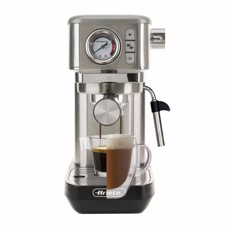 Ariete 1381 Máquina de café com manómetro, adequada para café moído e pastilhas ESE, 1300 W, capacidade 1,1 l, pressão de 15 bar, filtro para ½ chávena, bico para cappuccino, prateado