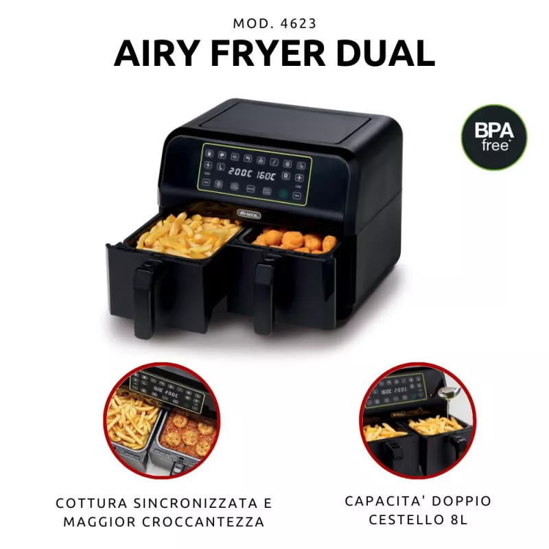 Ariete 4623 Airy Fryer Dual, Fritadeira de ar quente com cesto duplo, 1700 W, capacidade de 8 l, 3 funções de cozedura, painel digital LED tátil, 8 programas predefinidos, temporizador, 2 cestos, preto