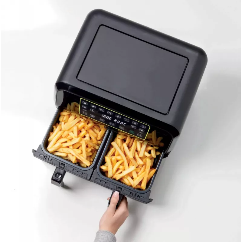 Ariete 4623 Airy Fryer Dual, Fritadeira de ar quente com cesto duplo, 1700 W, capacidade de 8 l, 3 funções de cozedura, painel digital LED tátil, 8 programas predefinidos, temporizador, 2 cestos, preto