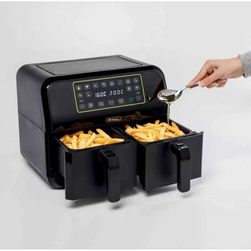 Ariete 4623 Airy Fryer Dual, Fritadeira de ar quente com cesto duplo, 1700 W, capacidade de 8 l, 3 funções de cozedura, painel digital LED tátil, 8 programas predefinidos, temporizador, 2 cestos, preto