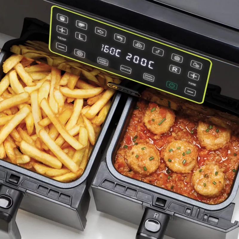 Ariete 4623 Airy Fryer Dual, Fritadeira de ar quente com cesto duplo, 1700 W, capacidade de 8 l, 3 funções de cozedura, painel digital LED tátil, 8 programas predefinidos, temporizador, 2 cestos, preto