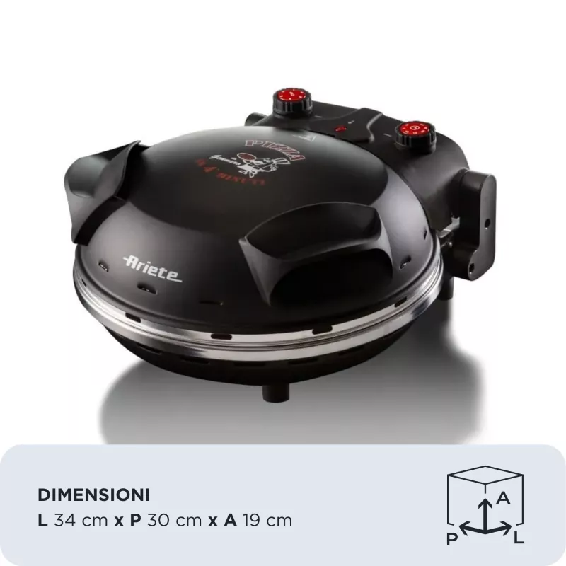 Ariete 917 Forno de pizza - Pizza em 4 minutos - Placa de pedra refratária com revestimento antiaderente - Temperatura máx. 400 °C - 1200 Watt - Temporizador 30' - preto