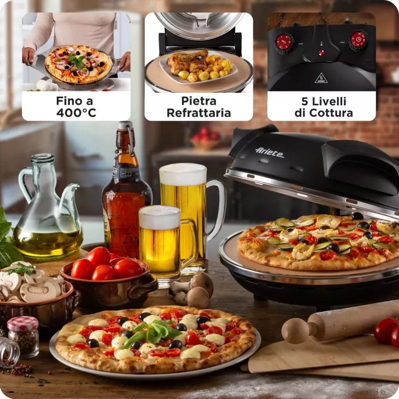 Ariete 917 Forno de pizza - Pizza em 4 minutos - Placa de pedra refratária com revestimento antiaderente - Temperatura máx. 400 °C - 1200 Watt - Temporizador 30' - preto