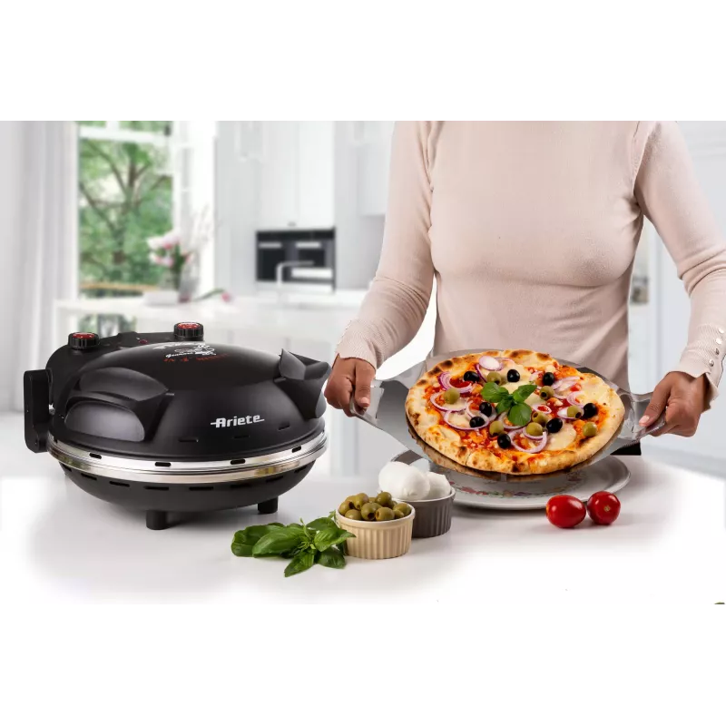 Ariete 917 Forno de pizza - Pizza em 4 minutos - Placa de pedra refratária com revestimento antiaderente - Temperatura máx. 400 °C - 1200 Watt - Temporizador 30' - preto
