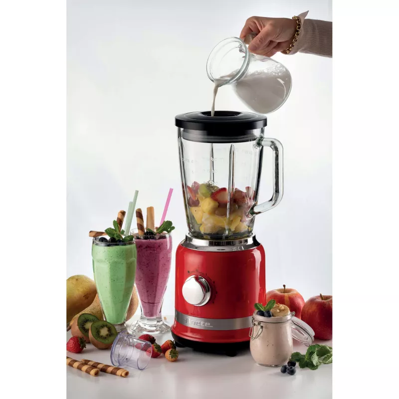 Ariete Moderna Vermelho Liquidificadora com jarro de vidro, liquidificadora de mesa, 1,5 L, função de pulsar, triturar gelo, 1000 W, vermelho