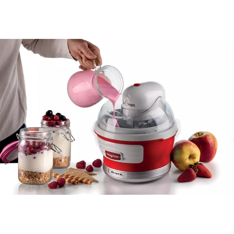 Ariete 643 Máquina de gelados Party Time, Máquina de gelados, 12 W, capacidade de 1,5 L, recipiente removível com duplo isolamento, tempo de preparação 30 minutos, tampa para adicionar ingredientes, vermelho