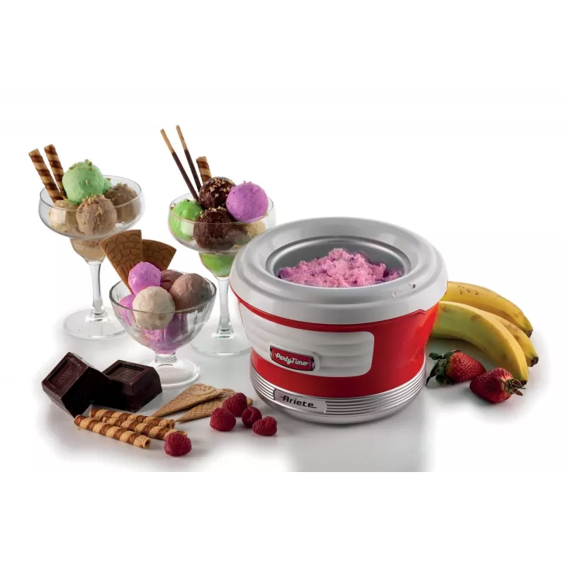 Ariete 643 Máquina de gelados Party Time, Máquina de gelados, 12 W, capacidade de 1,5 L, recipiente removível com duplo isolamento, tempo de preparação 30 minutos, tampa para adicionar ingredientes, vermelho