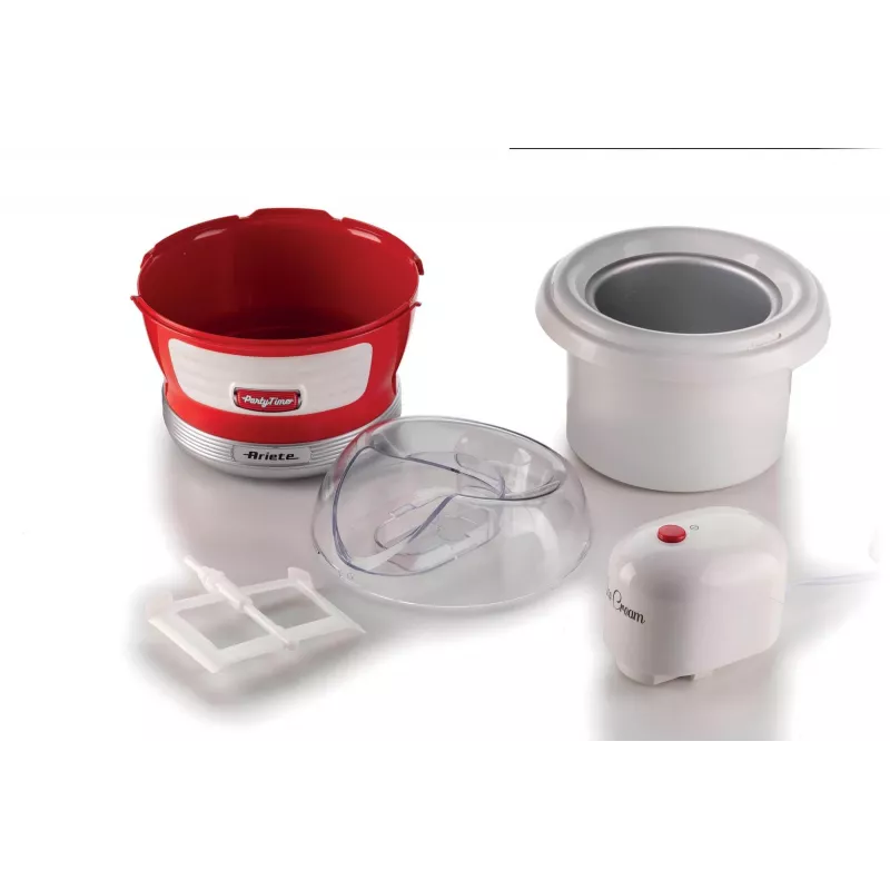 Ariete 643 Máquina de gelados Party Time, Máquina de gelados, 12 W, capacidade de 1,5 L, recipiente removível com duplo isolamento, tempo de preparação 30 minutos, tampa para adicionar ingredientes, vermelho