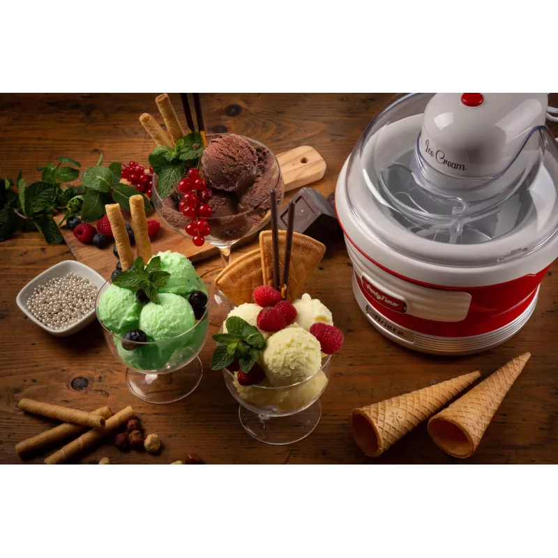 Ariete 643 Máquina de gelados Party Time, Máquina de gelados, 12 W, capacidade de 1,5 L, recipiente removível com duplo isolamento, tempo de preparação 30 minutos, tampa para adicionar ingredientes, vermelho