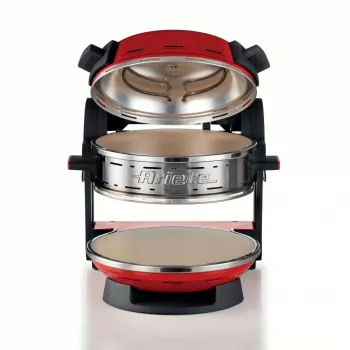 Ariete 927 Pizzeria, Forno de pizza duplo, 2 pizzas em 4 minutos, 2300 W, 2 pedras refratárias, 2 termóstatos, diâmetro 32 cm, 5 níveis de cozedura, 2 pás de aço inoxidável, vermelho