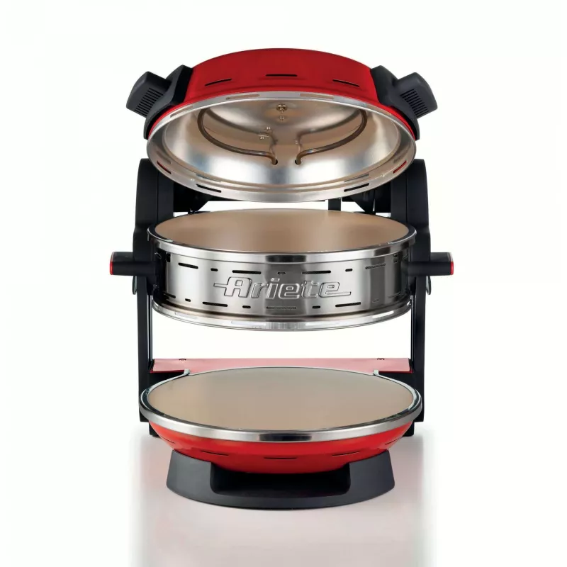 Ariete 927 Pizzeria, Forno de pizza duplo, 2 pizzas em 4 minutos, 2300 W, 2 pedras refratárias, 2 termóstatos, diâmetro 32 cm, 5 níveis de cozedura, 2 pás de aço inoxidável, vermelho