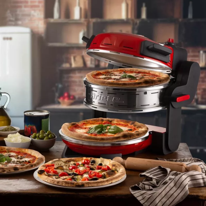 Ariete 927 Pizzeria, Forno de pizza duplo, 2 pizzas em 4 minutos, 2300 W, 2 pedras refratárias, 2 termóstatos, diâmetro 32 cm, 5 níveis de cozedura, 2 pás de aço inoxidável, vermelho