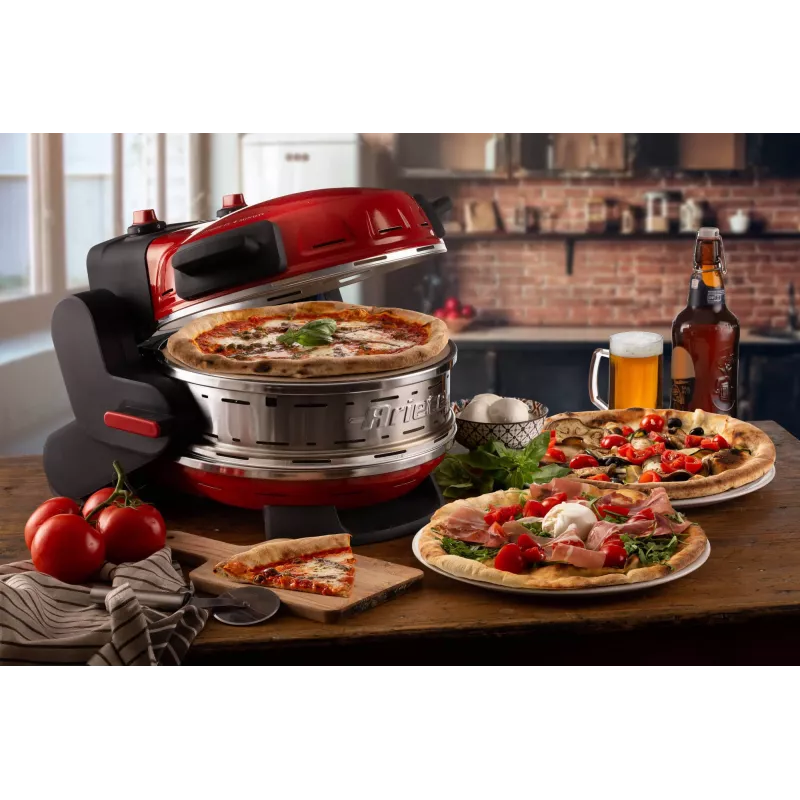 Ariete 927 Pizzeria, Forno de pizza duplo, 2 pizzas em 4 minutos, 2300 W, 2 pedras refratárias, 2 termóstatos, diâmetro 32 cm, 5 níveis de cozedura, 2 pás de aço inoxidável, vermelho