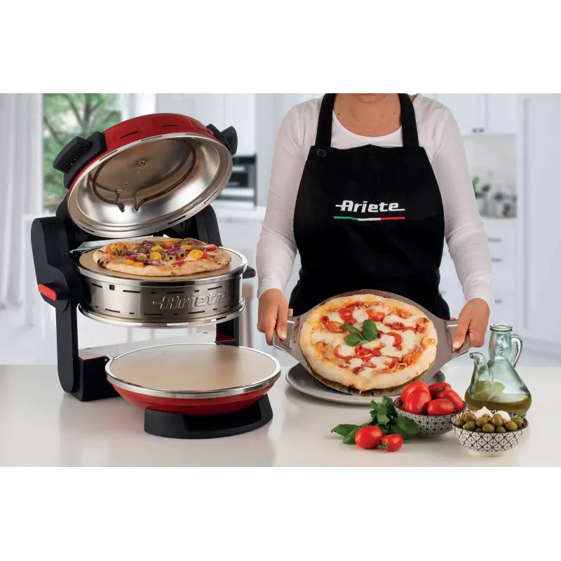 Ariete 927 Pizzeria, Forno de pizza duplo, 2 pizzas em 4 minutos, 2300 W, 2 pedras refratárias, 2 termóstatos, diâmetro 32 cm, 5 níveis de cozedura, 2 pás de aço inoxidável, vermelho