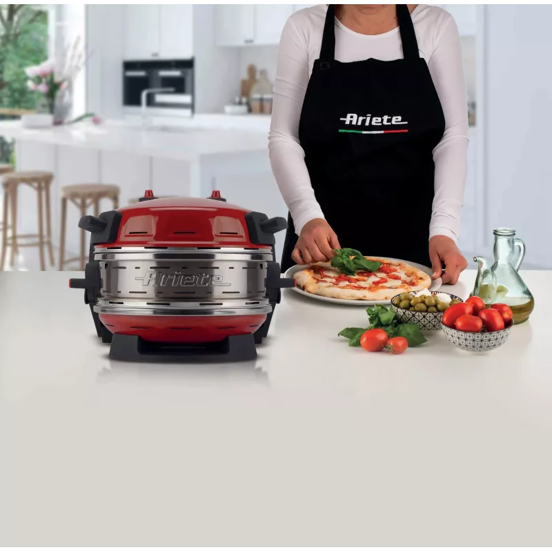 Ariete 927 Pizzeria, Forno de pizza duplo, 2 pizzas em 4 minutos, 2300 W, 2 pedras refratárias, 2 termóstatos, diâmetro 32 cm, 5 níveis de cozedura, 2 pás de aço inoxidável, vermelho