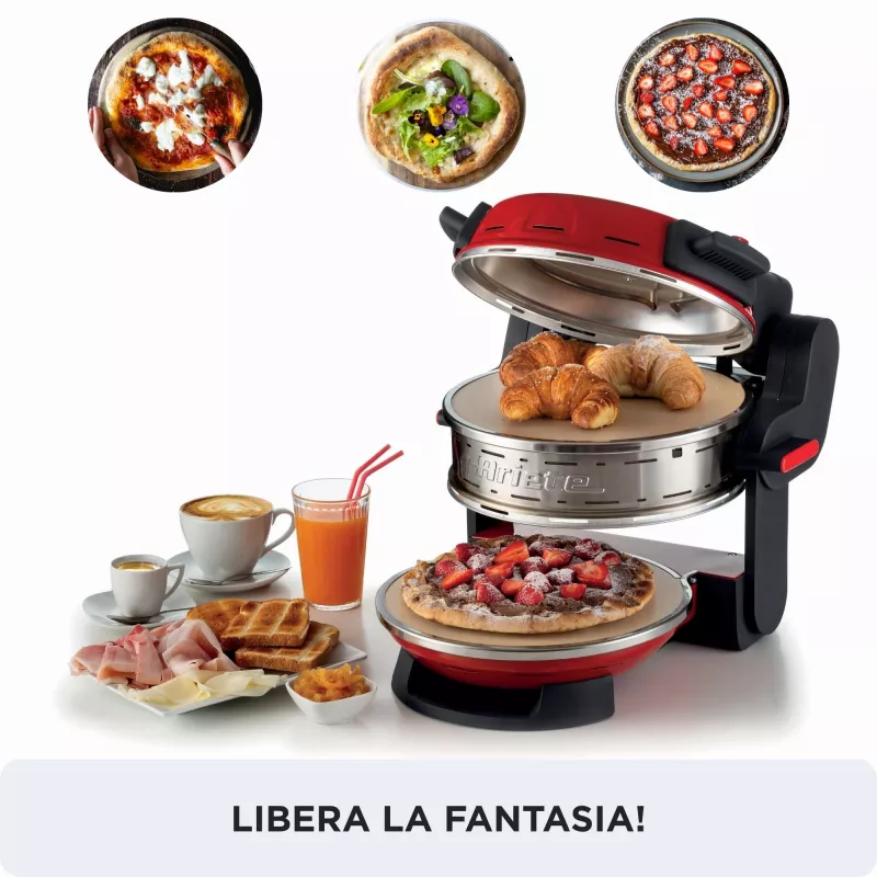 Ariete 927 Pizzeria, Forno de pizza duplo, 2 pizzas em 4 minutos, 2300 W, 2 pedras refratárias, 2 termóstatos, diâmetro 32 cm, 5 níveis de cozedura, 2 pás de aço inoxidável, vermelho