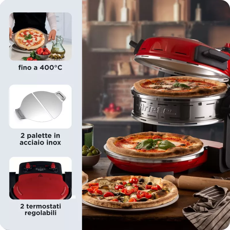 Ariete 927 Pizzeria, Forno de pizza duplo, 2 pizzas em 4 minutos, 2300 W, 2 pedras refratárias, 2 termóstatos, diâmetro 32 cm, 5 níveis de cozedura, 2 pás de aço inoxidável, vermelho
