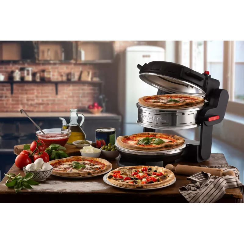 Ariete 927 Pizzeria , Forno de pizza duplo, 2 pizzas em 4 minutos, 2300 W, 2 pedras refratárias, 2 termóstatos, diâmetro 32 cm, 5 níveis de cozedura, 2 pás de pizza de aço inoxidável, vermelho