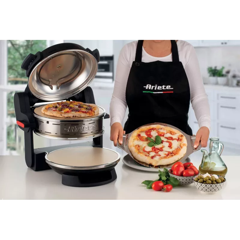 Ariete 927 Pizzeria , Forno de pizza duplo, 2 pizzas em 4 minutos, 2300 W, 2 pedras refratárias, 2 termóstatos, diâmetro 32 cm, 5 níveis de cozedura, 2 pás de pizza de aço inoxidável, vermelho