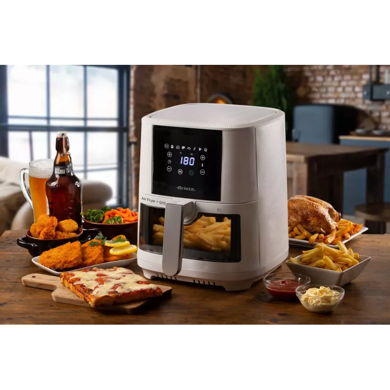 Ariete 4626 Airy Fryer 6L, fritadeira de ar quente, 1300 W, capacidade de 6 l, capacidade da câmara de 2,5 kg, 8 programas predefinidos, temperatura até 200 °C, cesto transparente para controlo da cozedura, preto
