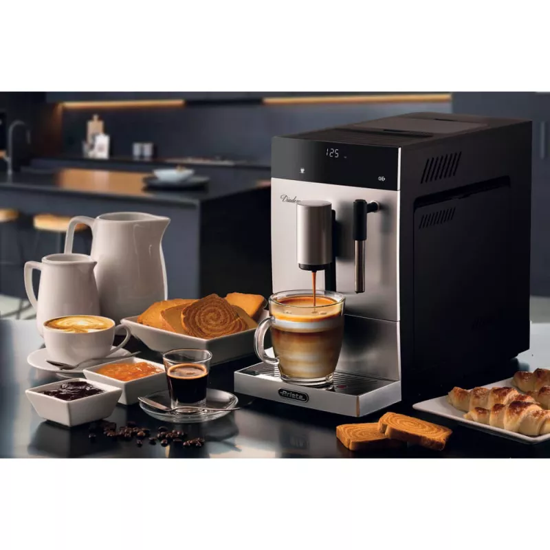 Ariete 1452 Diadema, máquina de café automática, 1350 W, pressão de 19 bar, para café, americano e água quente, bico de cappuccino, visor LED, saída ajustável, prateado