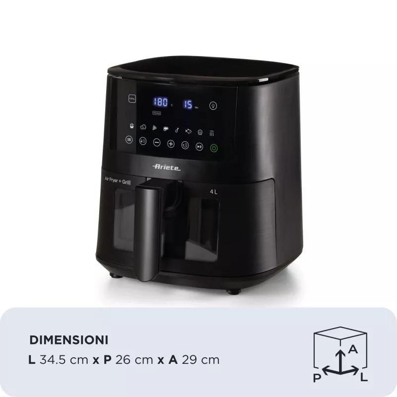 Ariete 4633, fritadeira de ar quente 4L, 1400W, capacidade 4L, 9 programas, função shake e grelhar, temperatura até 200°C, preto
