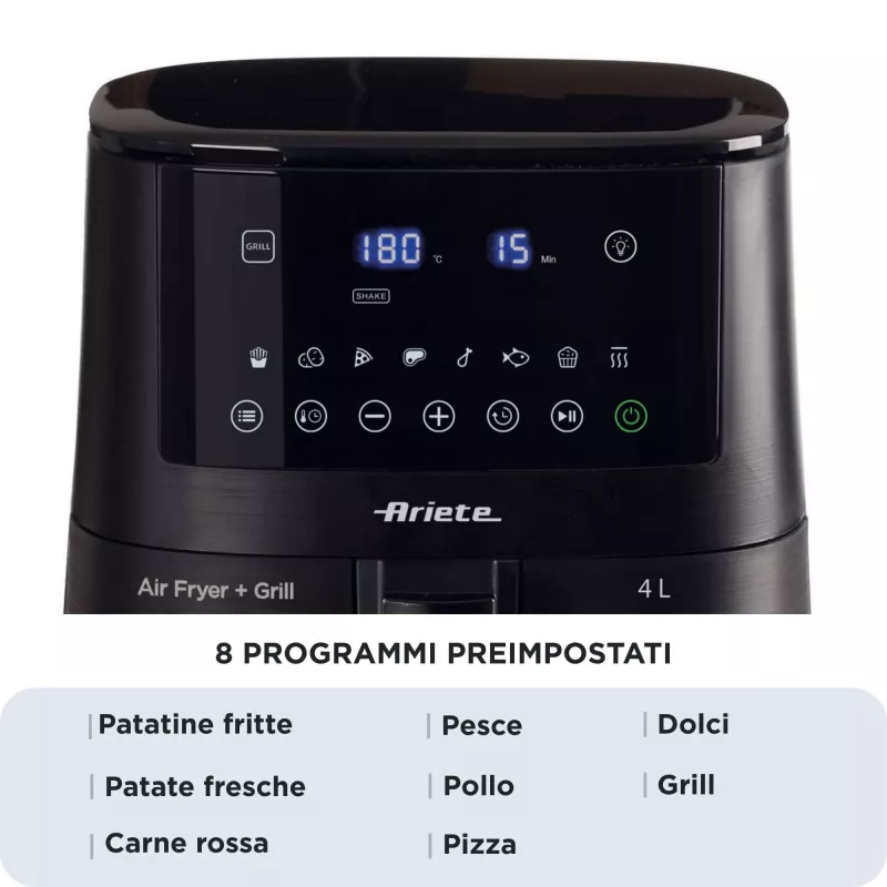 Ariete 4633, fritadeira de ar quente 4L, 1400W, capacidade 4L, 9 programas, função shake e grelhar, temperatura até 200°C, preto