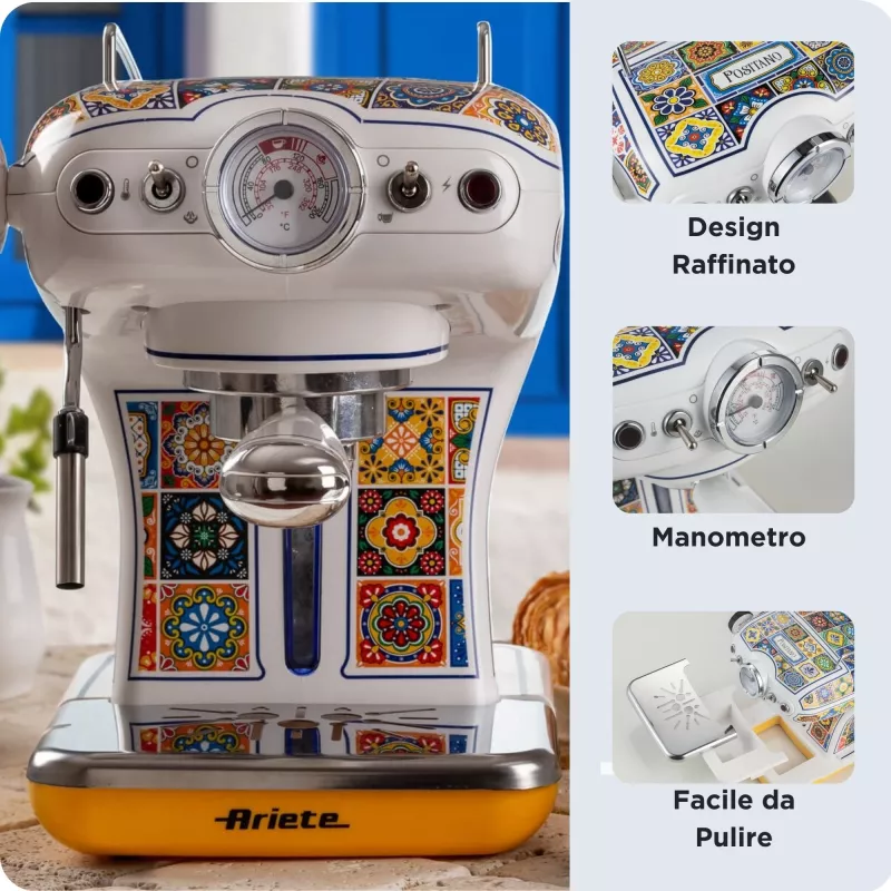 Ariete 1389 Positano máquina de café, 850 W, capacidade do depósito 0,9 l, filtro para 1 ou 2 chávenas, bandeja de recolha de gotas, espumador de leite