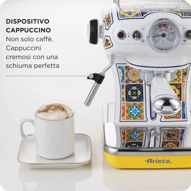 Ariete 1389 Positano máquina de café, 850 W, capacidade do depósito 0,9 l, filtro para 1 ou 2 chávenas, bandeja de recolha de gotas, espumador de leite