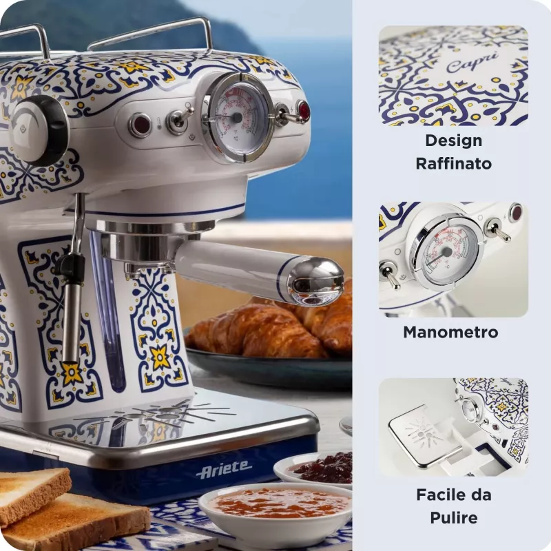 Ariete 1389 Capri máquina de café, 850 W, capacidade do depósito 0,9 l, filtro para 1 ou 2 chávenas, bandeja de recolha de gotas, espumador de leite