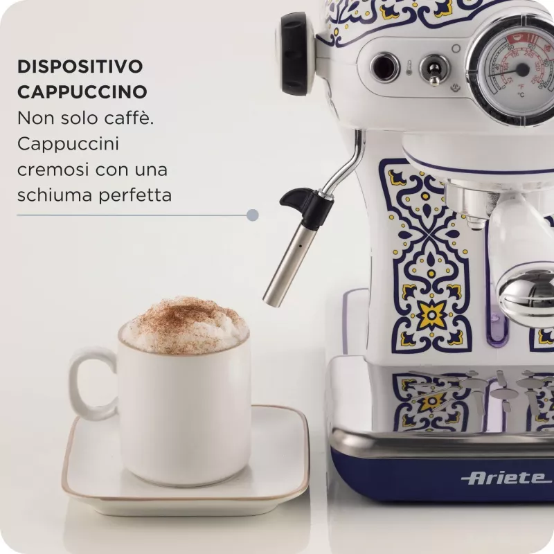 Ariete 1389 Capri máquina de café, 850 W, capacidade do depósito 0,9 l, filtro para 1 ou 2 chávenas, bandeja de recolha de gotas, espumador de leite