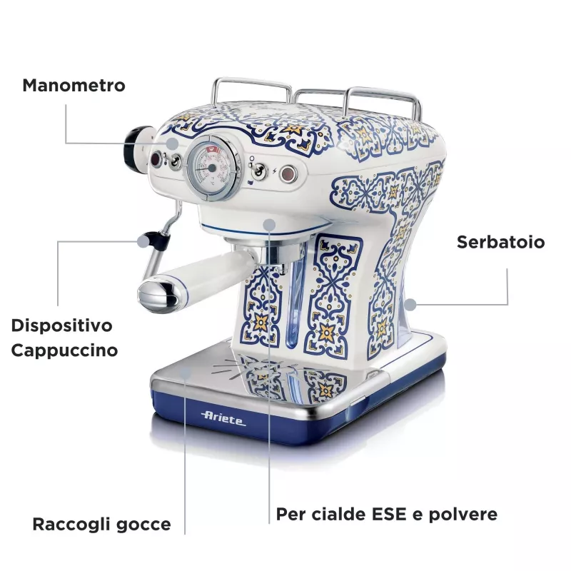 Ariete 1389 Capri máquina de café, 850 W, capacidade do depósito 0,9 l, filtro para 1 ou 2 chávenas, bandeja de recolha de gotas, espumador de leite