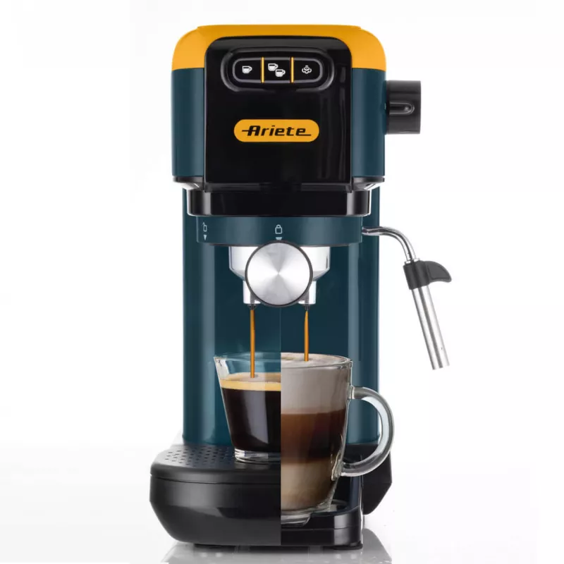 Ariete 1399 máquina de café expresso, para café moído e pastilhas ESE, 1300 W, capacidade de 1,1 l, pressão de 15 bar, filtro para 1, 2 chávenas e pastilhas ESE, cappuccino, amarelo