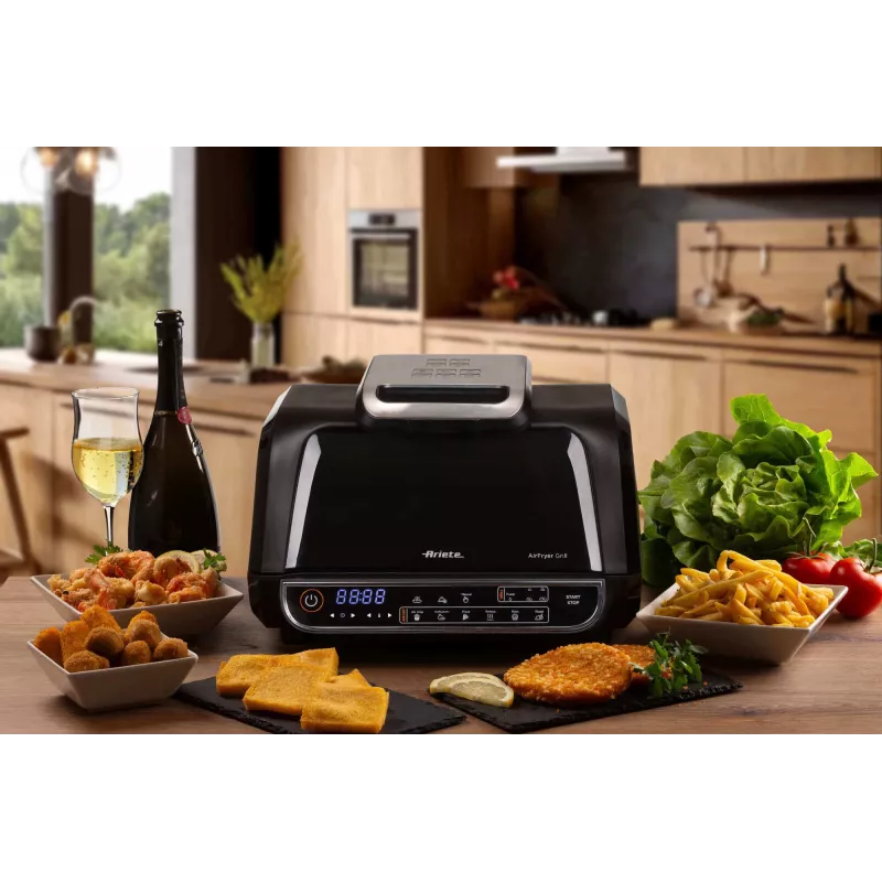Ariete 4635 Air Fryer Grill, fritadeira de ar quente e grelhador, grelhador de bife, 1700 W, capacidade 8 l, fritar e grelhar, 8 funções de cozedura, temporizador, preto