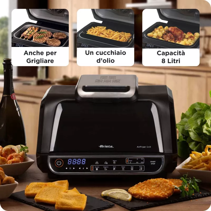 Ariete 4635 Air Fryer Grill, fritadeira de ar quente e grelhador, grelhador de bife, 1700 W, capacidade 8 l, fritar e grelhar, 8 funções de cozedura, temporizador, preto