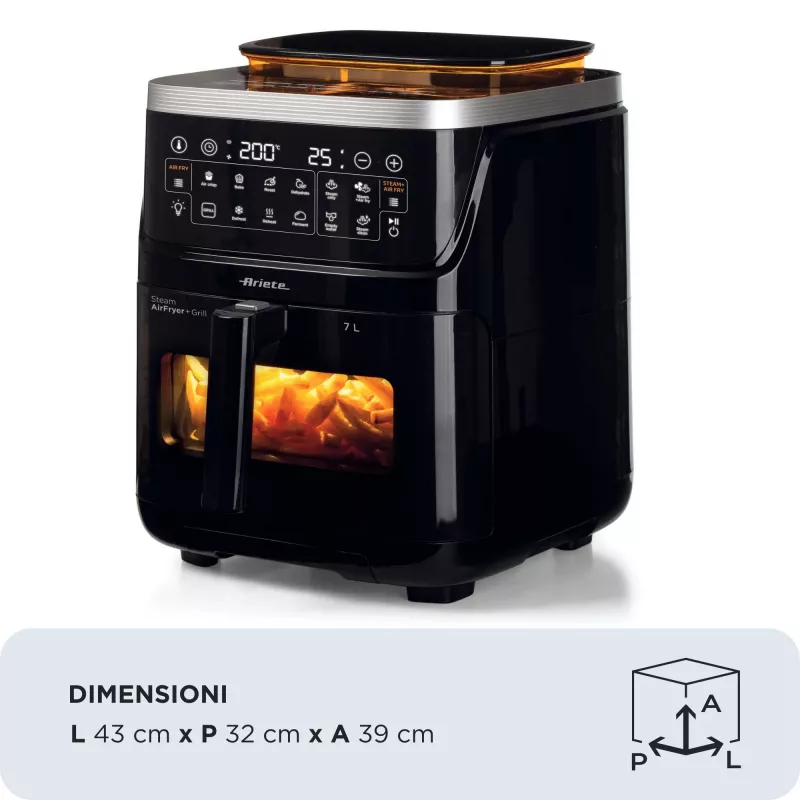 Ariete 4636 fritadeira de ar quente com função de vapor + grelhador, 1700W, função de desidratação, 10 funções de cozedura, cesto transparente, temporizador, preto