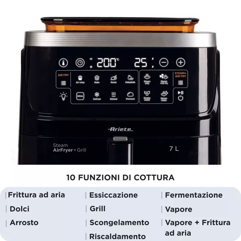 Ariete 4636 fritadeira de ar quente com função de vapor + grelhador, 1700W, função de desidratação, 10 funções de cozedura, cesto transparente, temporizador, preto