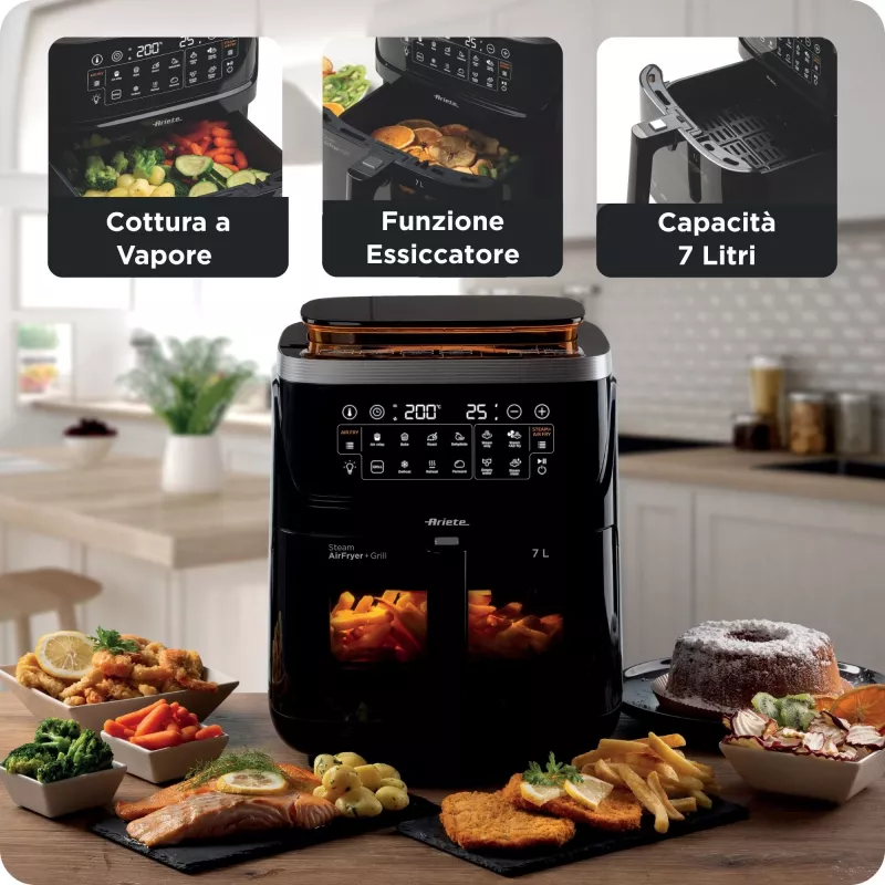 Ariete 4636 fritadeira de ar quente com função de vapor + grelhador, 1700W, função de desidratação, 10 funções de cozedura, cesto transparente, temporizador, preto