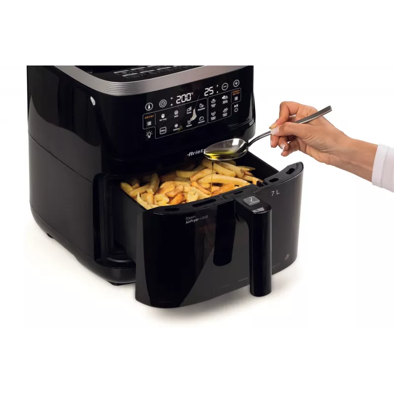 Ariete 4636 fritadeira de ar quente com função de vapor + grelhador, 1700W, função de desidratação, 10 funções de cozedura, cesto transparente, temporizador, preto
