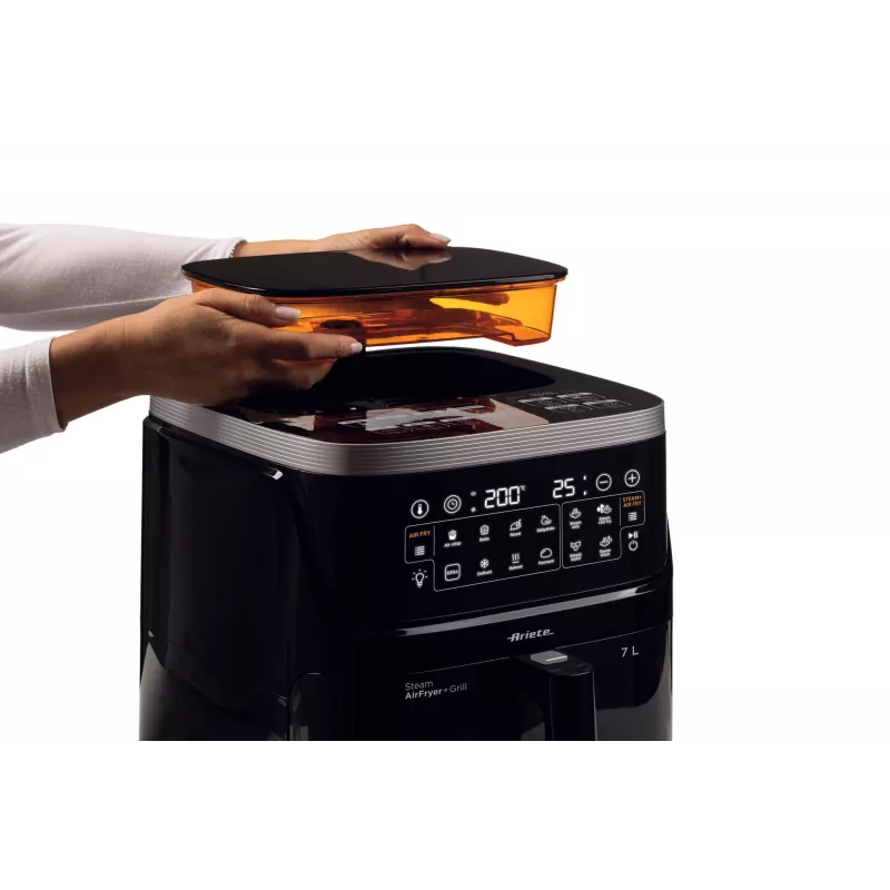 Ariete 4636 fritadeira de ar quente com função de vapor + grelhador, 1700W, função de desidratação, 10 funções de cozedura, cesto transparente, temporizador, preto