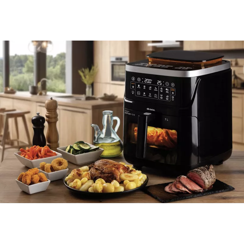 Ariete 4636 fritadeira de ar quente com função de vapor + grelhador, 1700W, função de desidratação, 10 funções de cozedura, cesto transparente, temporizador, preto