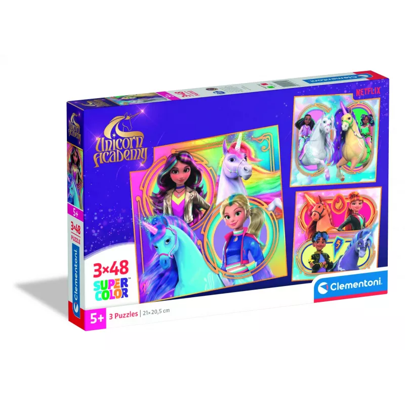 Clementoni 3x48 peças puzzles Unicorn Academy, 5 anos Clementoni 3x48 peças puzzles Unicorn Academy. Idade mínima recomendada: 5 anos