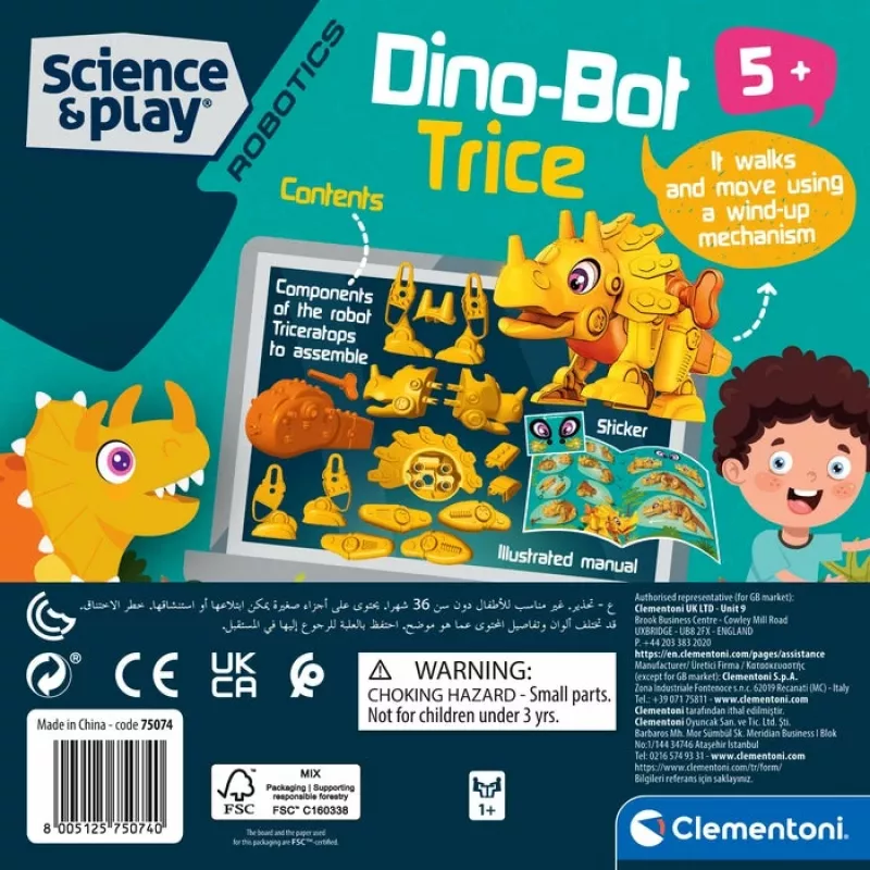 Clementoni Dino Bot Triceratops Junior, robô dinossauro, 5 anos