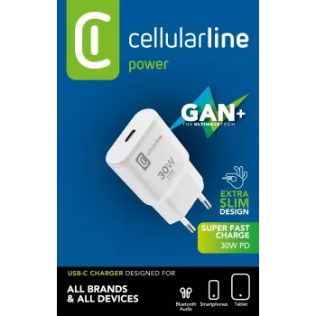 Carregador de parede Cellularline GAN USB-C 30W PD USB-C 30W PD com tecnologia GaN