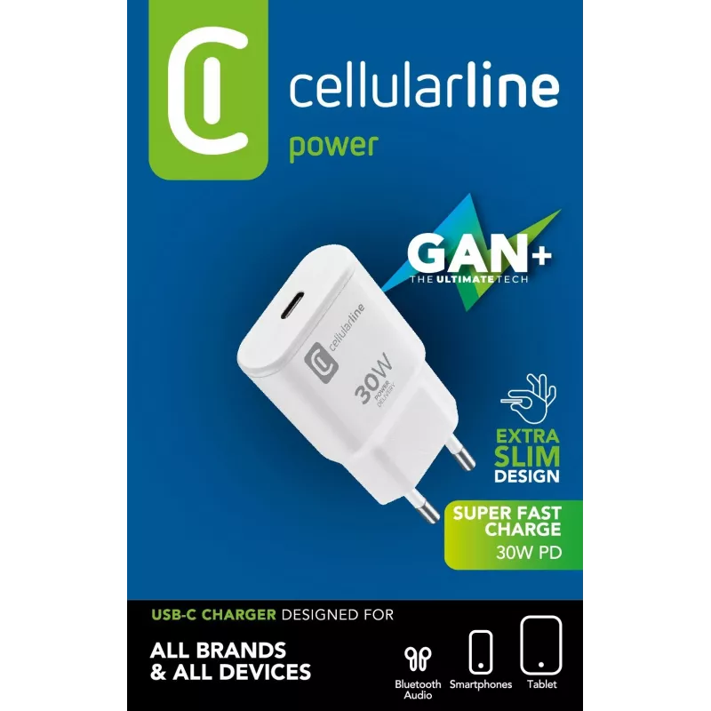 Carregador de parede Cellularline GAN USB-C 30W PD USB-C 30W PD com tecnologia GaN