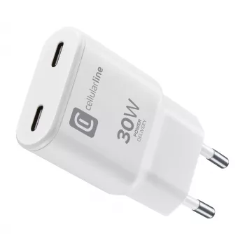 Cellularline GAN carregador de parede 2xUSB-C 30W PD carregador de parede 2xUSB-C 30W PD com tecnologia GaN